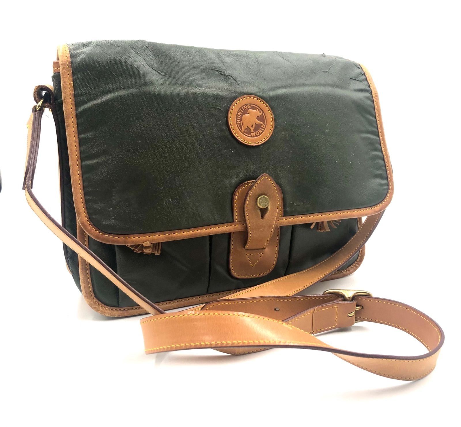 美品 ハンティングワールド バチュークロス×レザーメッセンジャーバッグ ハンド Hunting World ハンティングワールド バチュークロス×レザー