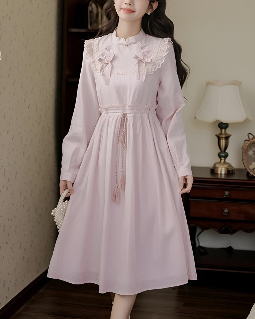 レースリボンタッセルピンクワンピース 25WP03017