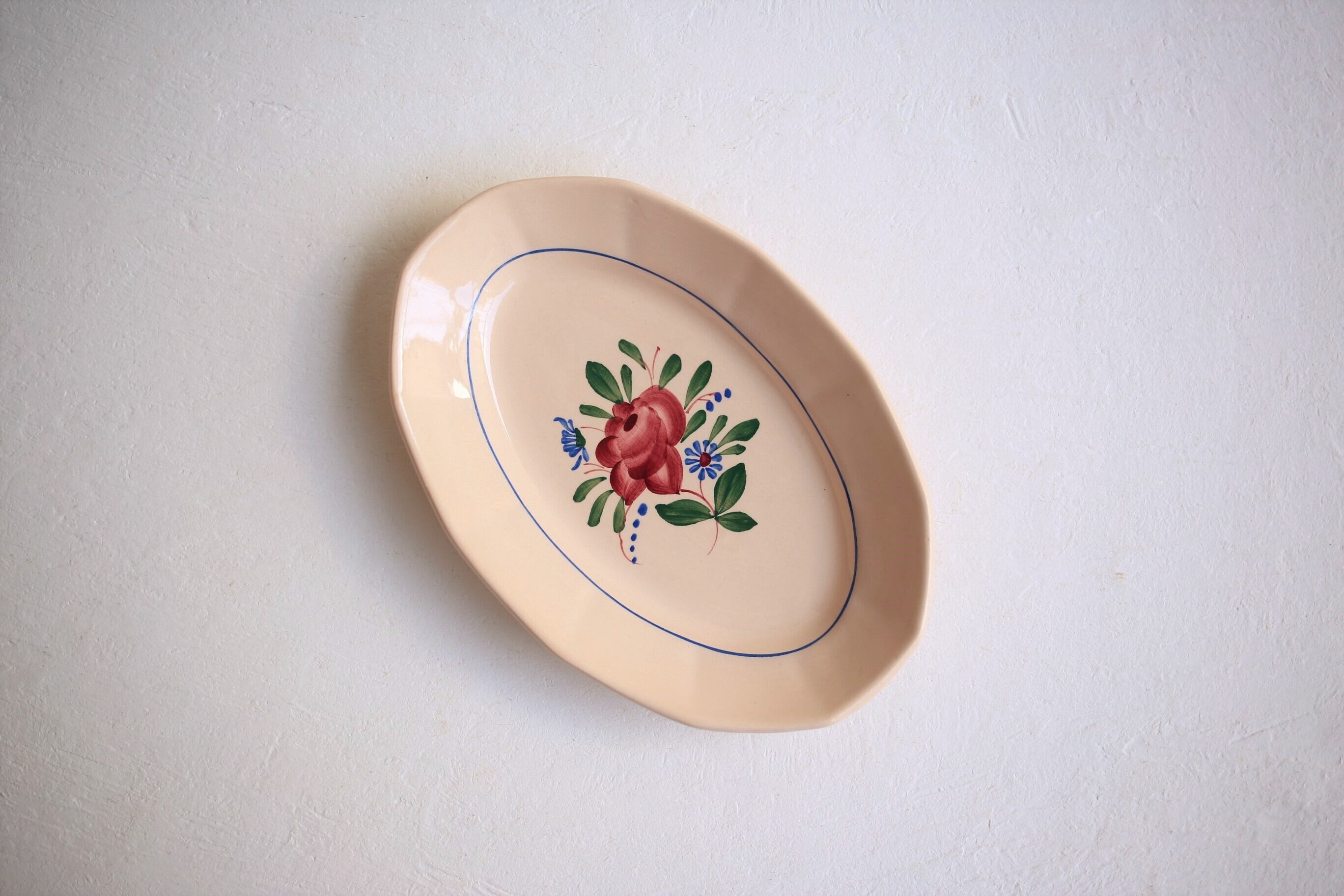 フランス アンティーク ヴィンテージ Digoin Sarreguemines ピンク オーバル皿 N-03440b