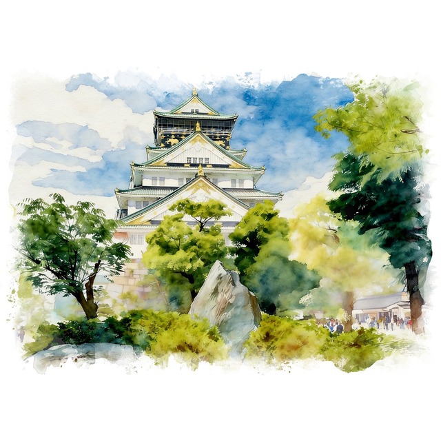 絵画 風景画 日本の城 大阪府大阪城 風景画 インテリアアート額付き 水彩画・油絵風 WAT0689