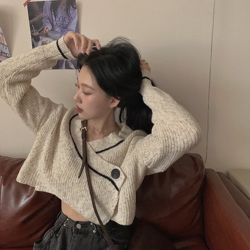 オータムクロスVネックルーズショートセーター レディース ロング 秋物 萌量不足99437697695