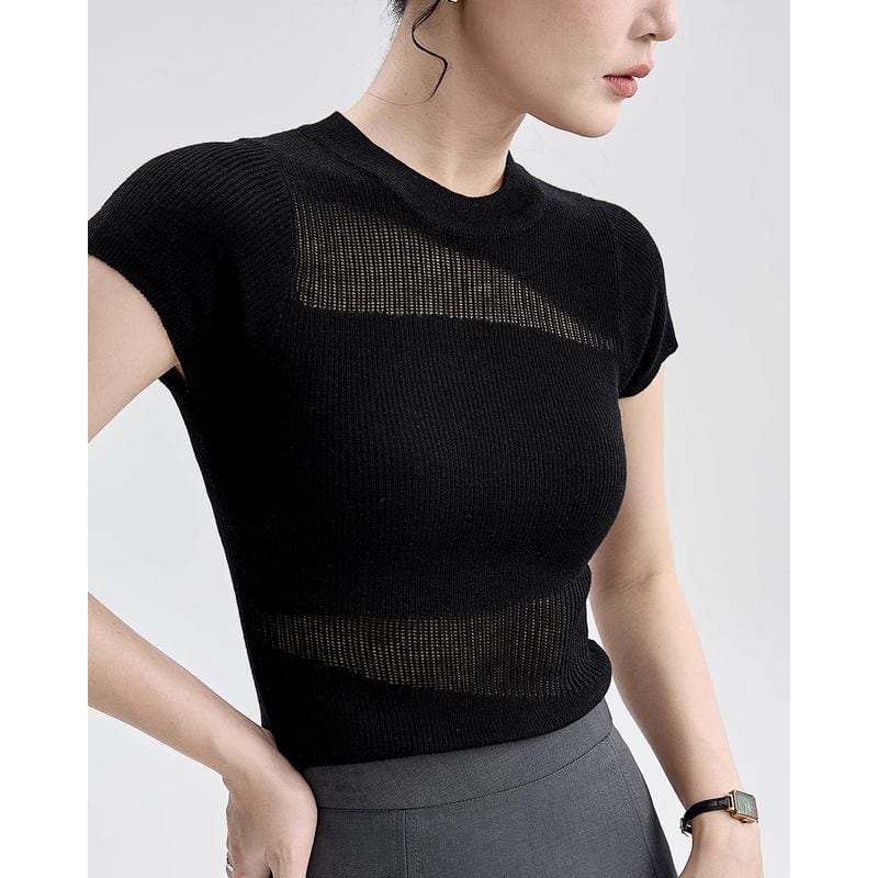 mesh line short sleeve knit pullover 101578 | toujouage