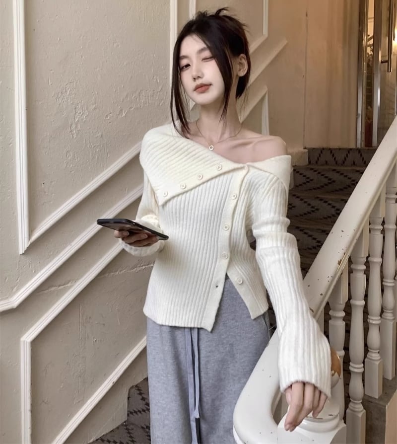 ニットトップス オフショルダー セーター カーディガン フロントボタン