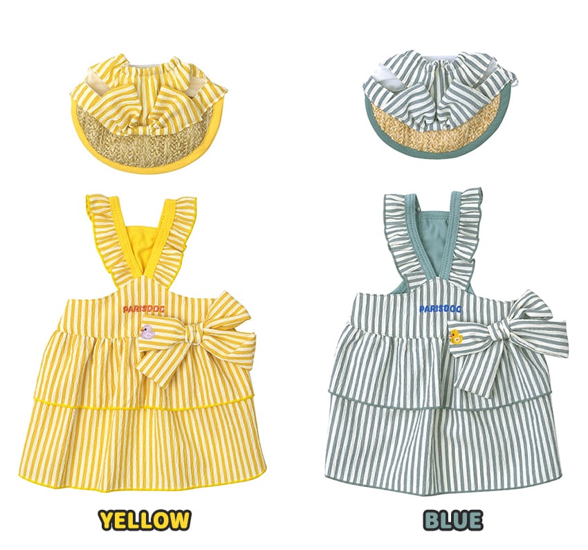 butter stripe frill onepiece set S ~2XL 2color r / 犬服 新作 春夏 麦わら帽子 セット お揃い 袖なし 涼しい フリル ドッグウェア ドレス 可愛い 犬の服 ワンピース b58