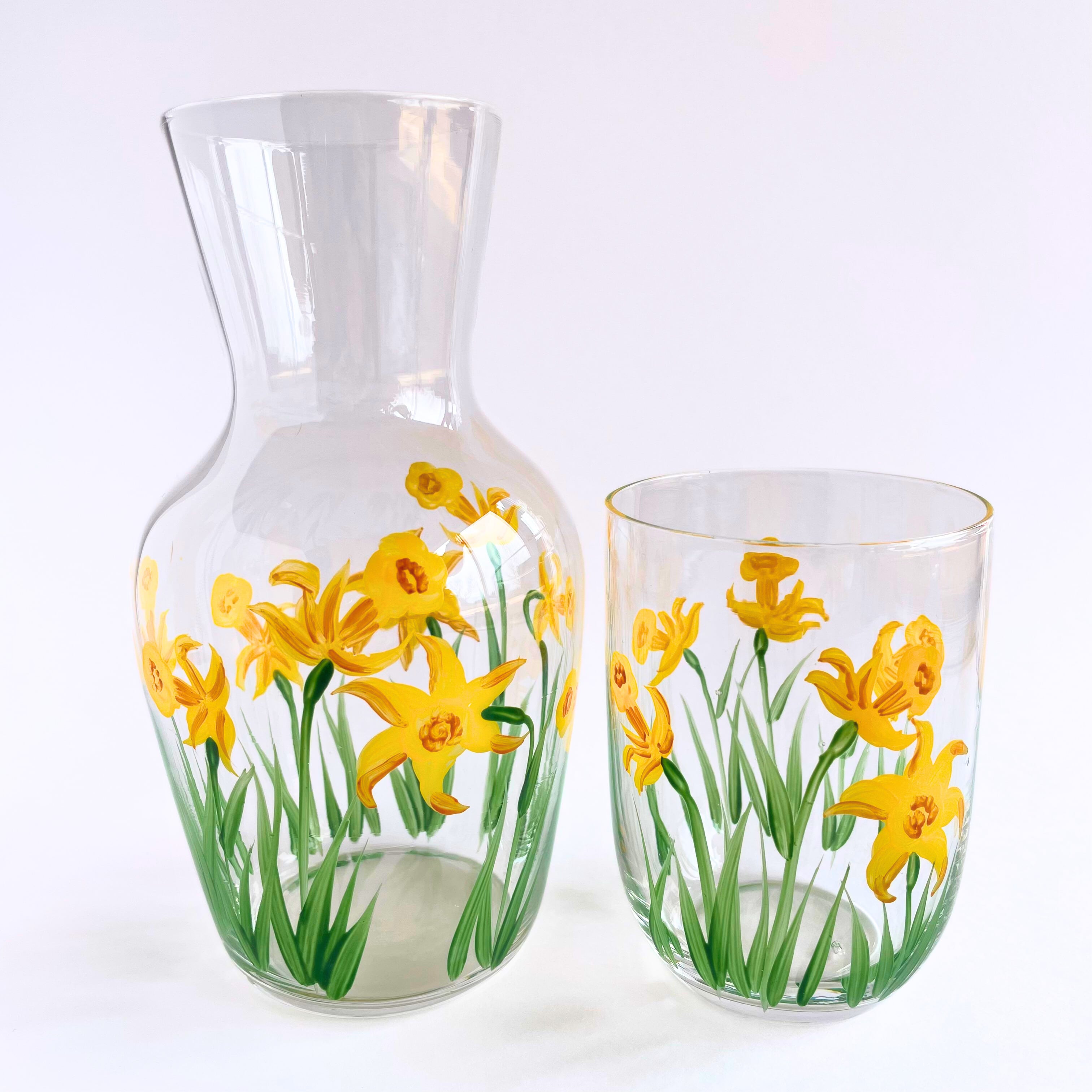 グラスアート 水仙 ハンドペイント ヴィンテージ 黄色い水仙のベッドサイドグラス