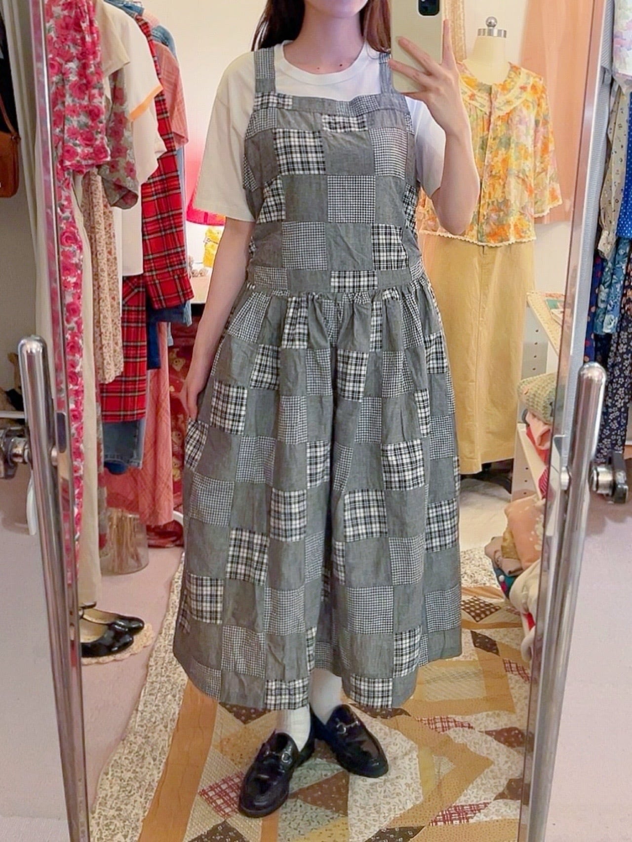 patchwork check apron one-piece