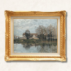 油彩画 川の風景 装飾フレーム付 ブリジストンタイヤ シスレー作 モレーの日の出 油彩画 川の風景 装飾フレーム付 ブリジストンタイヤ シスレー作
