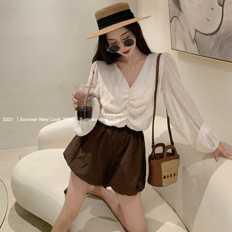 Vネックスリーブシフォントップス ハイウェストウェストFlowerデザイン ショーツ サマー ロング 大人ガーリー スウィート キュート カジュアル 夏物 ブルマー フラワーデザイン ガールズファッション20697440767