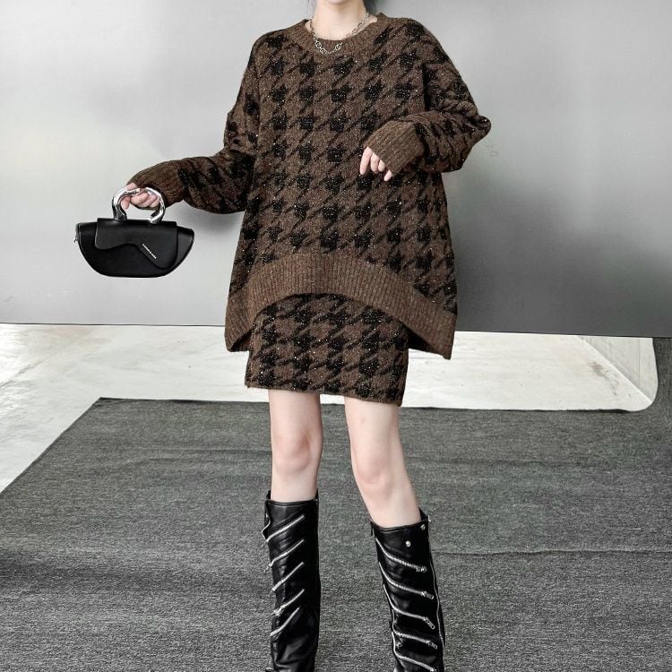 HOUNDSTOOTH ROUND NECK PULLOVER KNIT & MINI SKIRT SET 2pieces 2colors M-15337