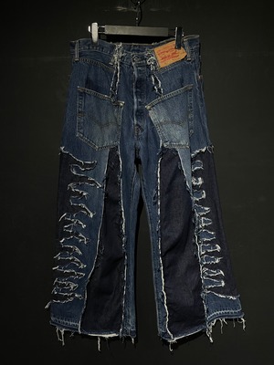 【WEAPON VINTAGE】"Original Remake" Levi’s 501 Multiple Panels Fire Pattern Rave Baggy Denim Pants