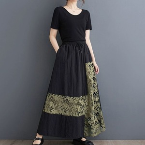 CONTRAST LACE STITCH DRAWCORD WAIST A-LINE LONG SKIRT 1color M-9433
