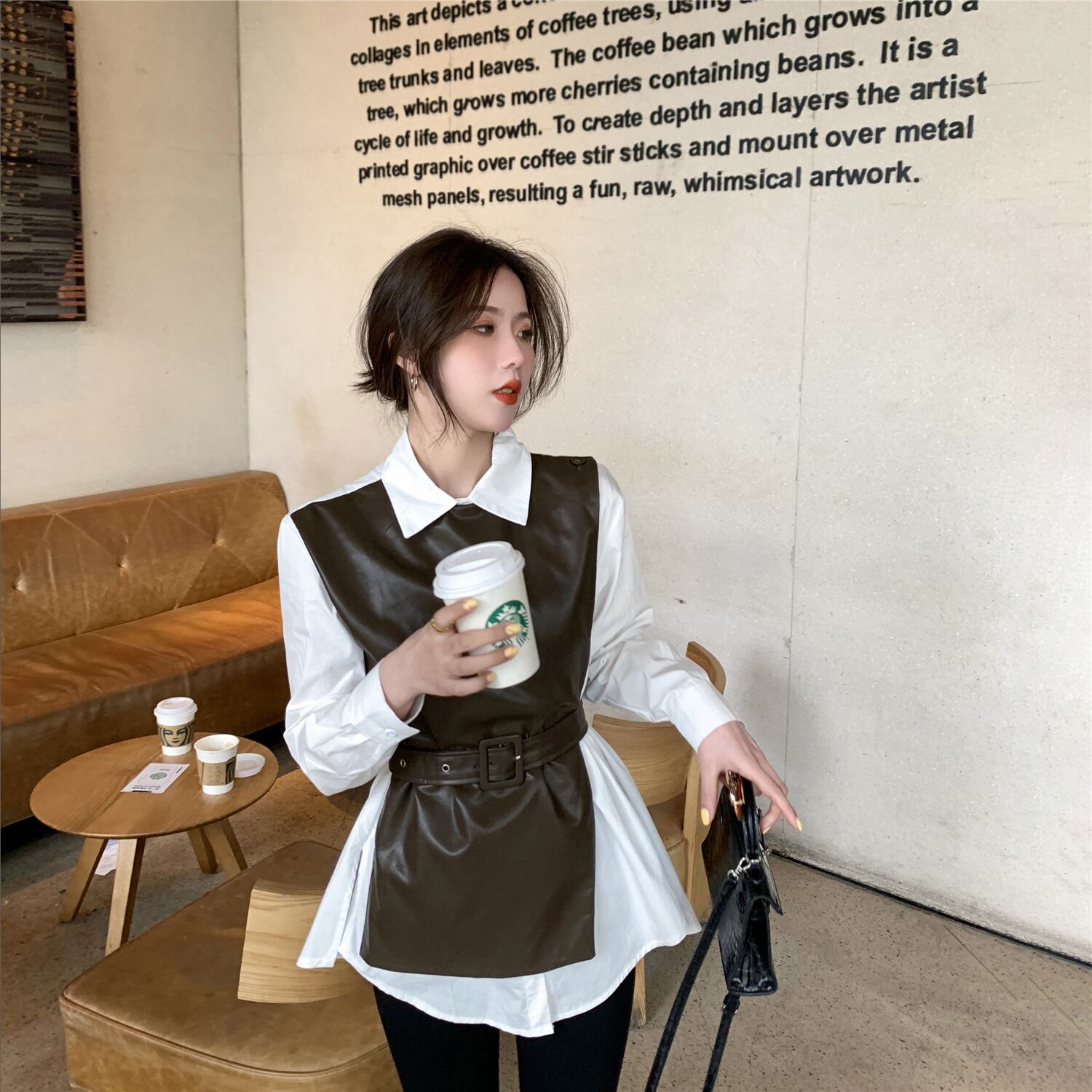 レザーシャツ スプリングスタンダードスリムウェストトップス レトロ 春物 ステッチ 6Du_Shop_Women69592909926