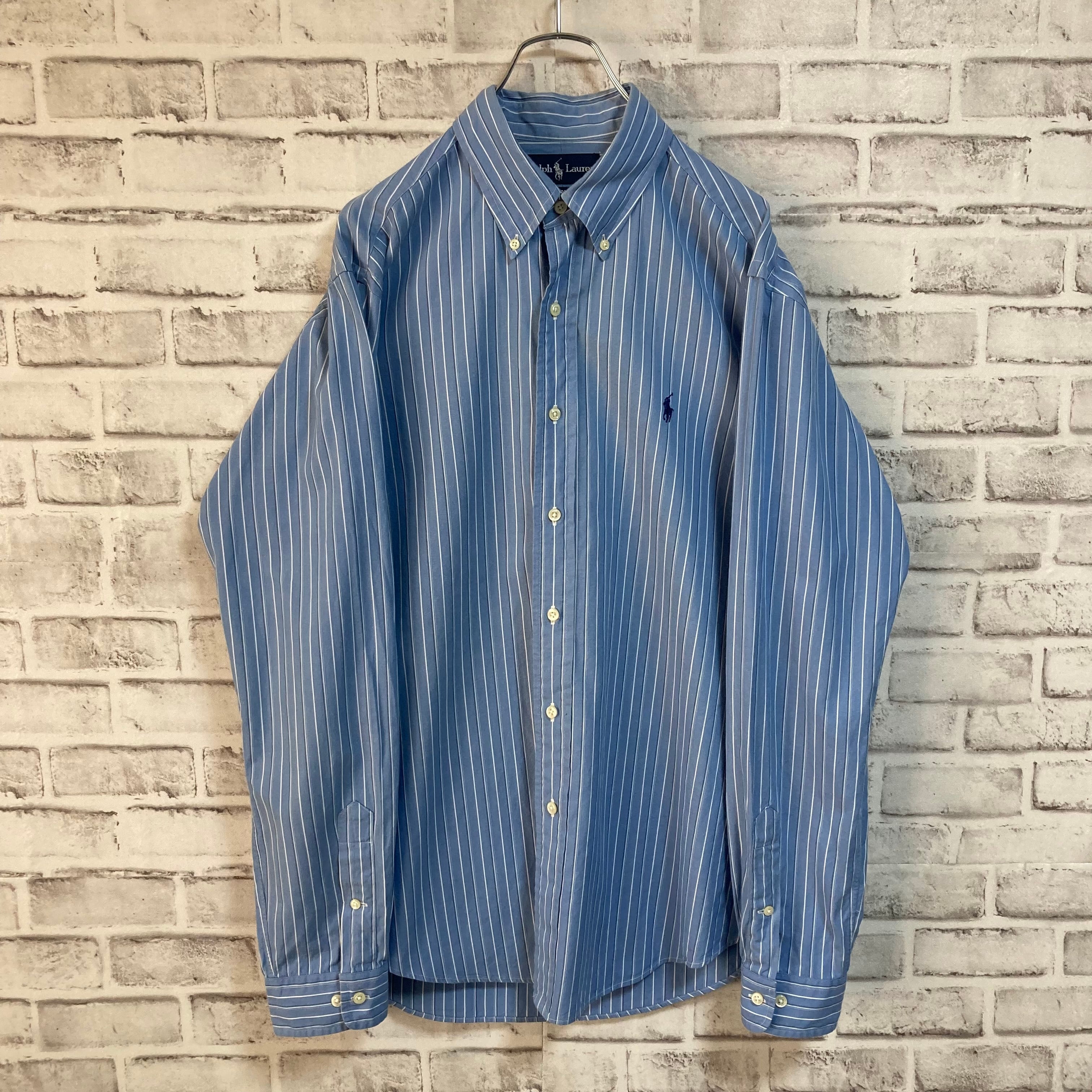 90s USA　ラルフローレン　ストライプ　BDシャツ　青×白×紺　L