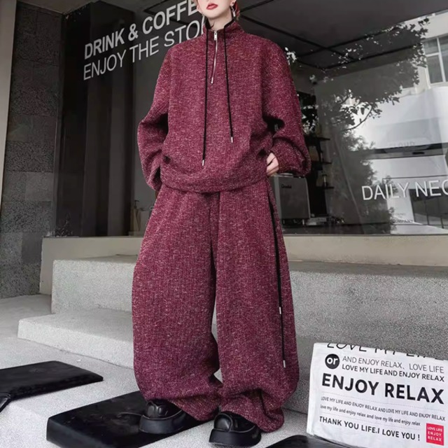 スタンドカラーレッドハーフジップ ニットセットアップ（ruf_02798）