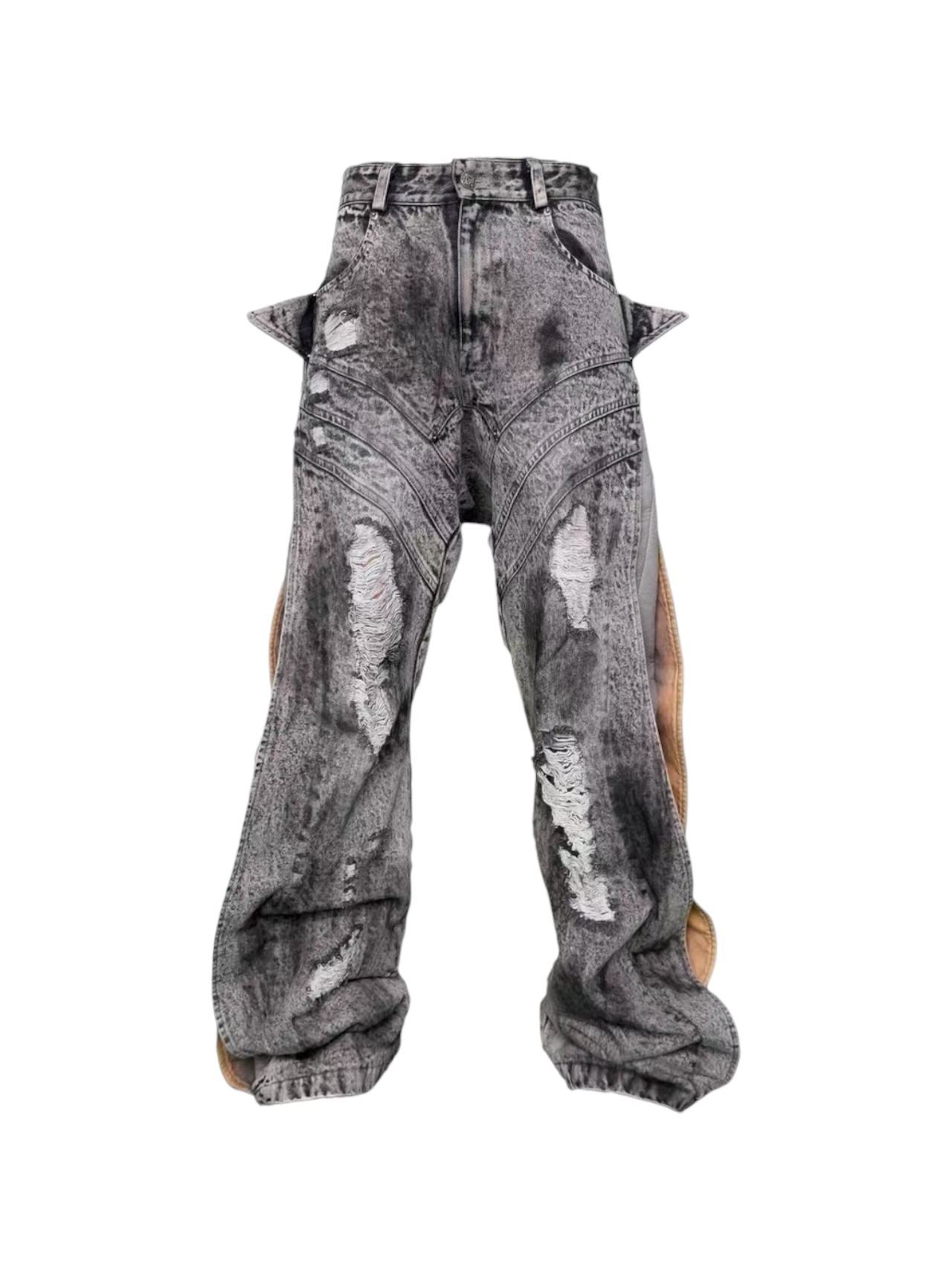 【SEXXDEVIL】Deconstructed Leather Panel Wash Wide Denim Pants