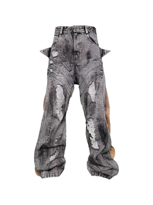 【SEXXDEVIL】Deconstructed Leather Panel Wash Wide Denim Pants