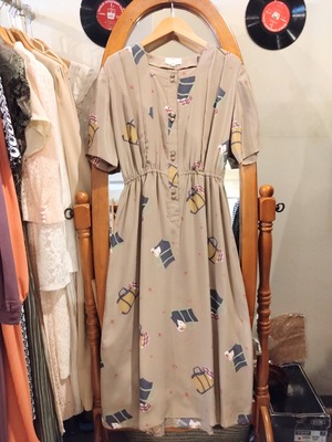 60❜s鞄とスカーフ柄レトロワンピース/アンティークバッグ日本製国産古着服MADEINJAPAN