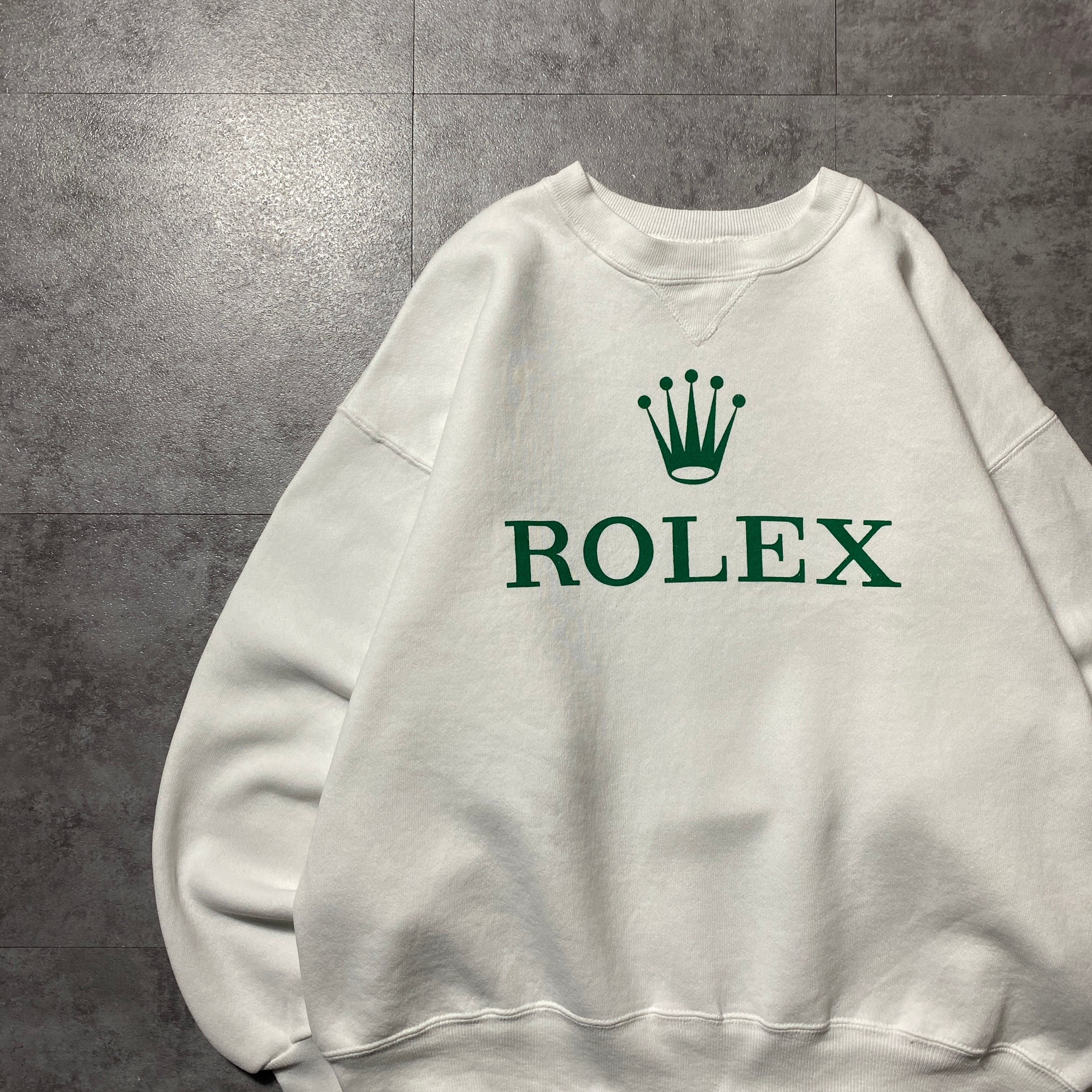 ROLEX ロレックス ロゴ スウェット JERZEES USA ホワイト XL USA製】90's Hanes ROLEX ヘインズボディ ロレックス プリント 前V
