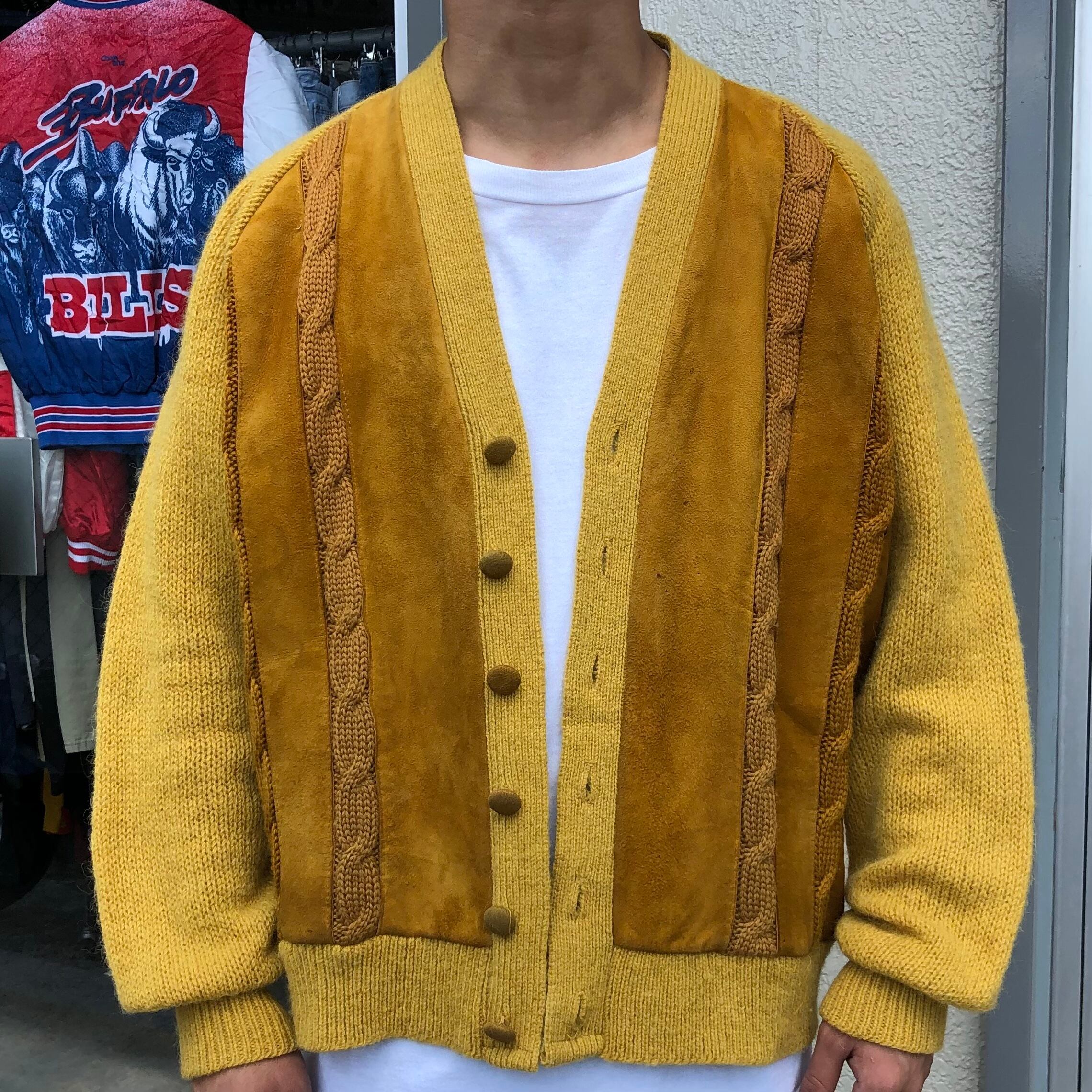 百貨店 80s Vintage レザー切替ウールカーディガン 70s 古着スエード