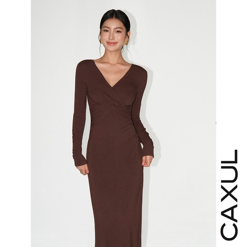 Twist Drape V-Neck Slim Dress/3color