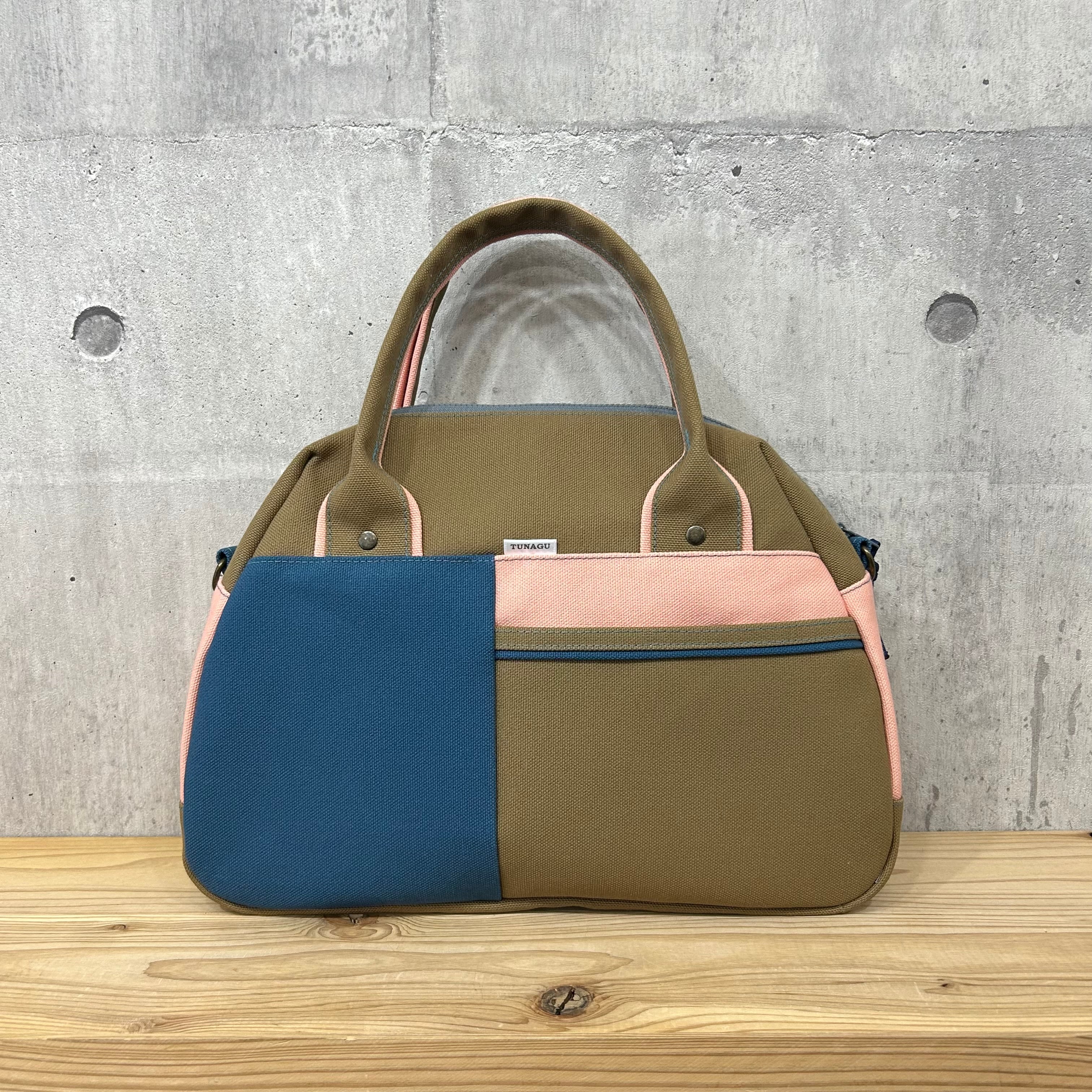 -* Boston Bag *- ブロック切替デザイン【薄茶×レインブルー×シェルピンク】