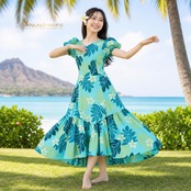 フラダンス 衣装 MENEHUNE PLANTETION メネフネプランテーション ワンピース ドレス ブルー系 ラウアエ柄 プルメリア柄 アシンメトリー パフスリーブ かわいい 華やか 鮮やか 明るい アロハ ハワイアンプリント フラ ダンス レッスン 練習
