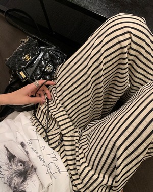 ストライプ柄ウエストゴムワイドロングパンツ A1079
