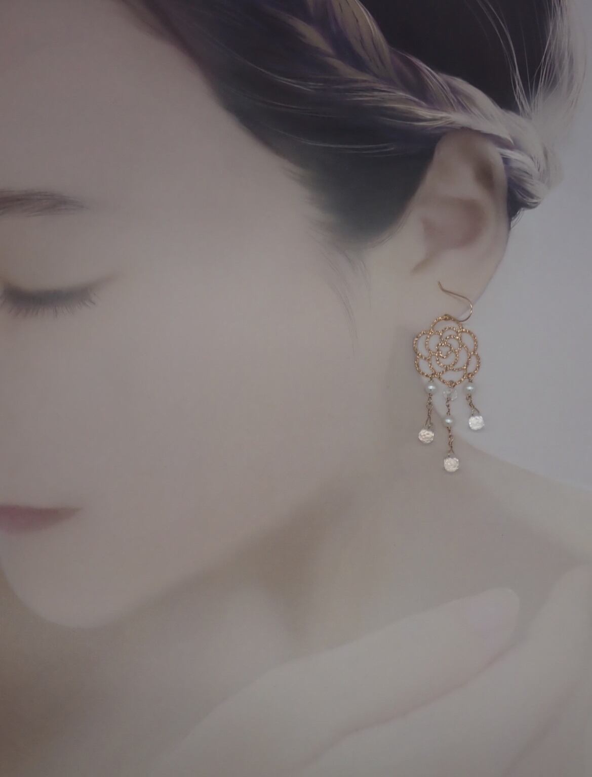 18金薔薇のシャンデリアピアスクリスタル&パール