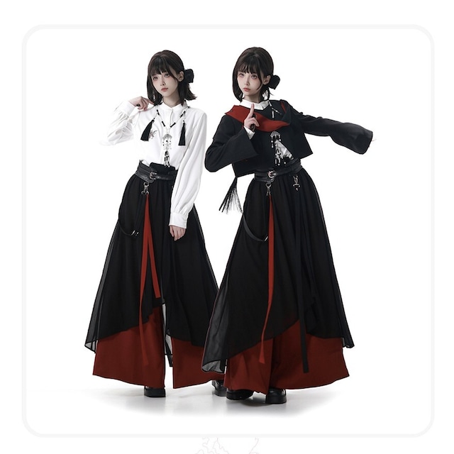 地雷系｜黒×赤レイヤードが映えるジャケット×配色ロングパンツ4点セット｜SEASONZ