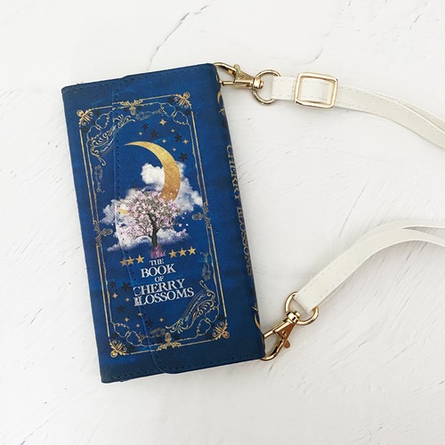 架空の洋書"夜桜の本" （BLUE）ショルダーストラップ付き 三つ折り手帳型スマホケース
