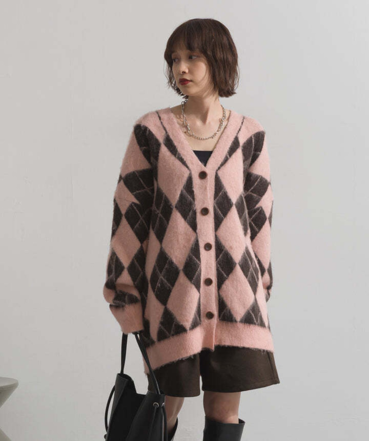 HD2510045 シャギーアーガイルVネックカーディガン pink