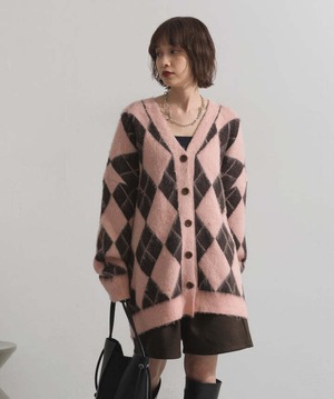 HD2510045 シャギーアーガイルVネックカーディガン pink