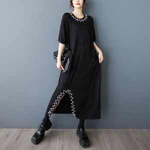 BLACK PEARL BEADS ROUND NECK HALF SLEEVES LONG PULLOVER DRESS 1color M-13250