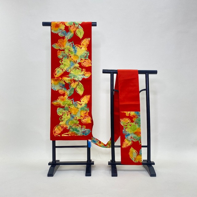 名古屋帯 なごや帯 中古 リサイクル リユース 八寸 普段着 お洒落着 紬 小紋 正絹 赤 全体柄 ハンドメイド 1398