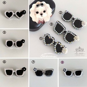 即納・予約　海外ハンドメイドRINKA【№B02108】犬猫 サングラス形 バレッタ フラワー＆パールモチーフ　ビジュー