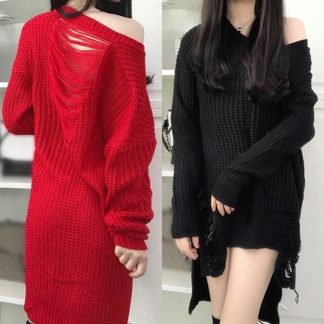 レディース Vネック ダメージアシンメトリーニット 春コーデ / V-neck sweater dress female loose thin irregular sweater women (DCT-559742656296)