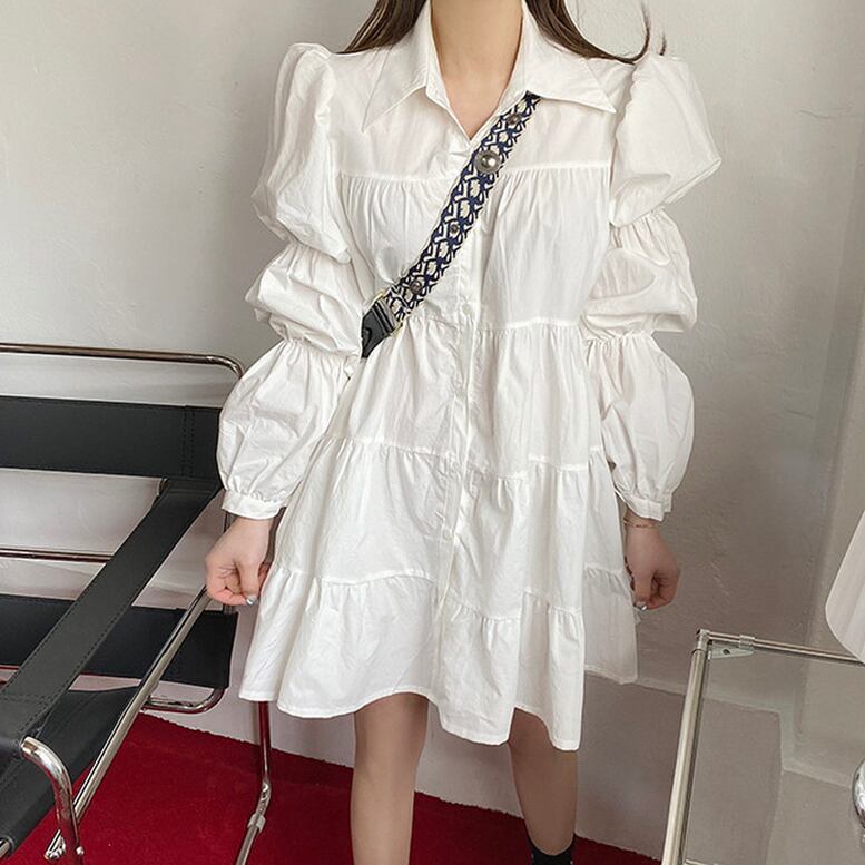 E シャツ ワンピース ボリューム 体型カバー アシメ フリル インスタ