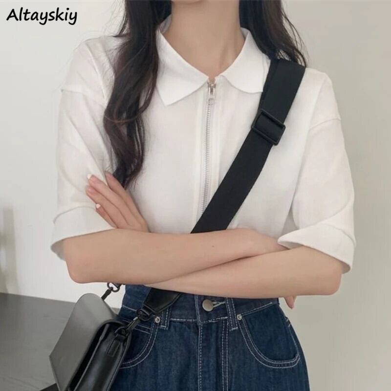 【新作】【送料無料】 M-4XL Tシャツ女性 Hotsweet シンプルなジップアップ夏オールマッチ韓国スタイルのファッションティーンラペル気性カジュアル Y2k 服原宿 032199790163