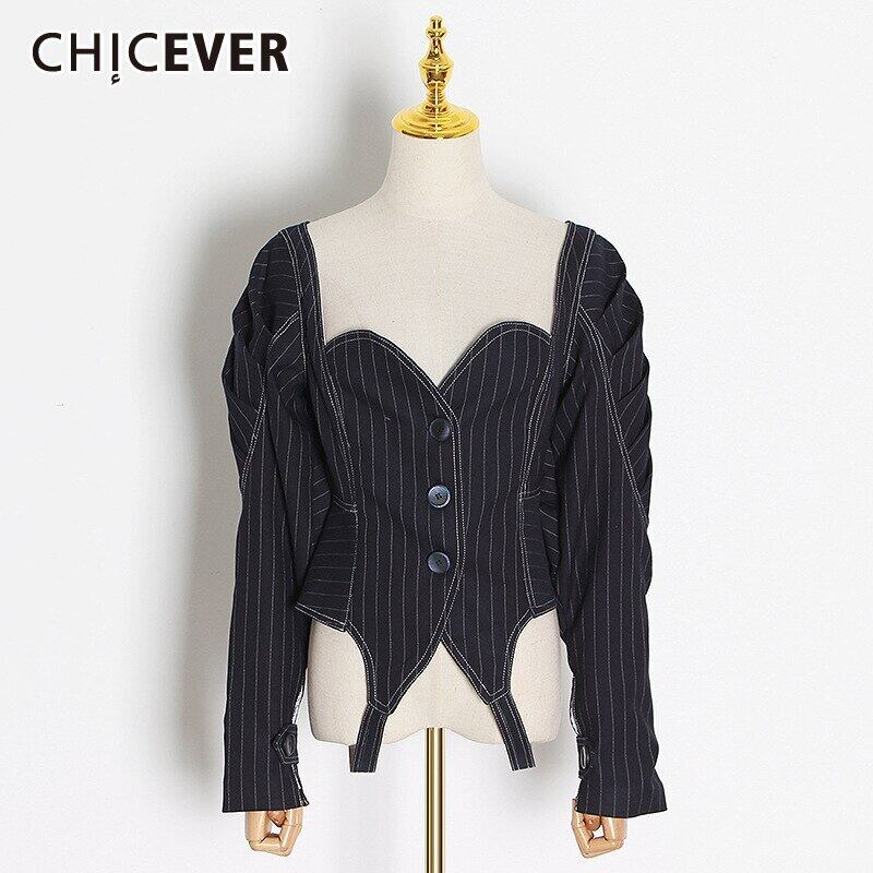 CHICEVERネイビーストライプヒットカラージャケットレディーススクエアカラー長袖サッシヴィンテージコート2020秋の服 ロング オータム 秋物 スクウェア ビンテージ 6base578787990573