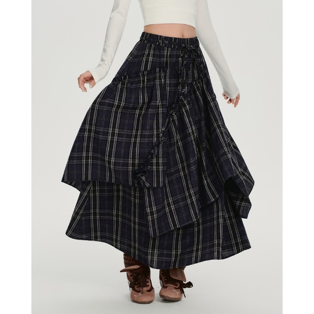 チェック柄 ティアード マキシ フレアスカート L00308