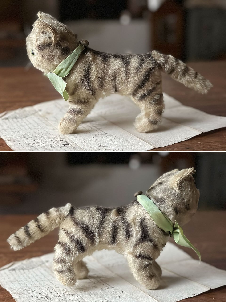 ねこのぬいぐるみ 薄いグリーンの目 リボン 猫 | Brocante de La