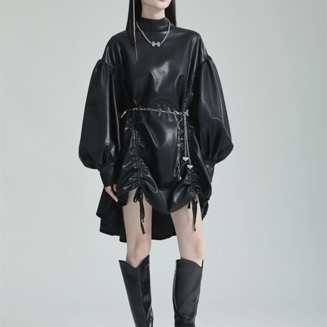 Drawstring PU leather dress【2color】 C0914