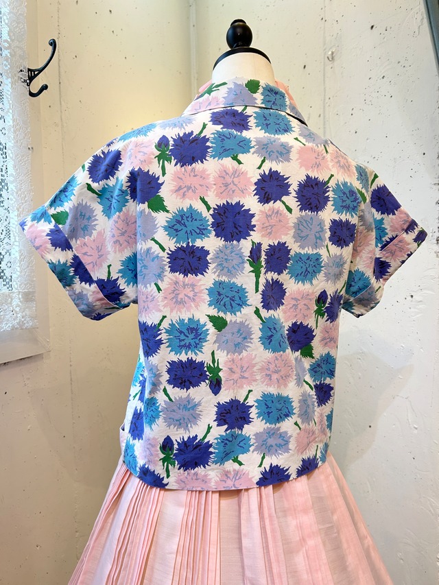 50's60's blue flower blouse jacket