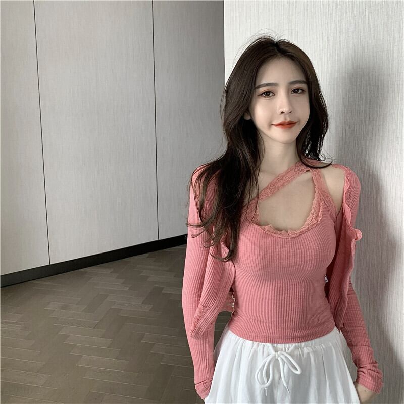 ピンクのレースステッチニットスモールカーディガンレディース秋新作スリム長袖セーターコートショートアウタージャケット ブラックストロベリース16259765427