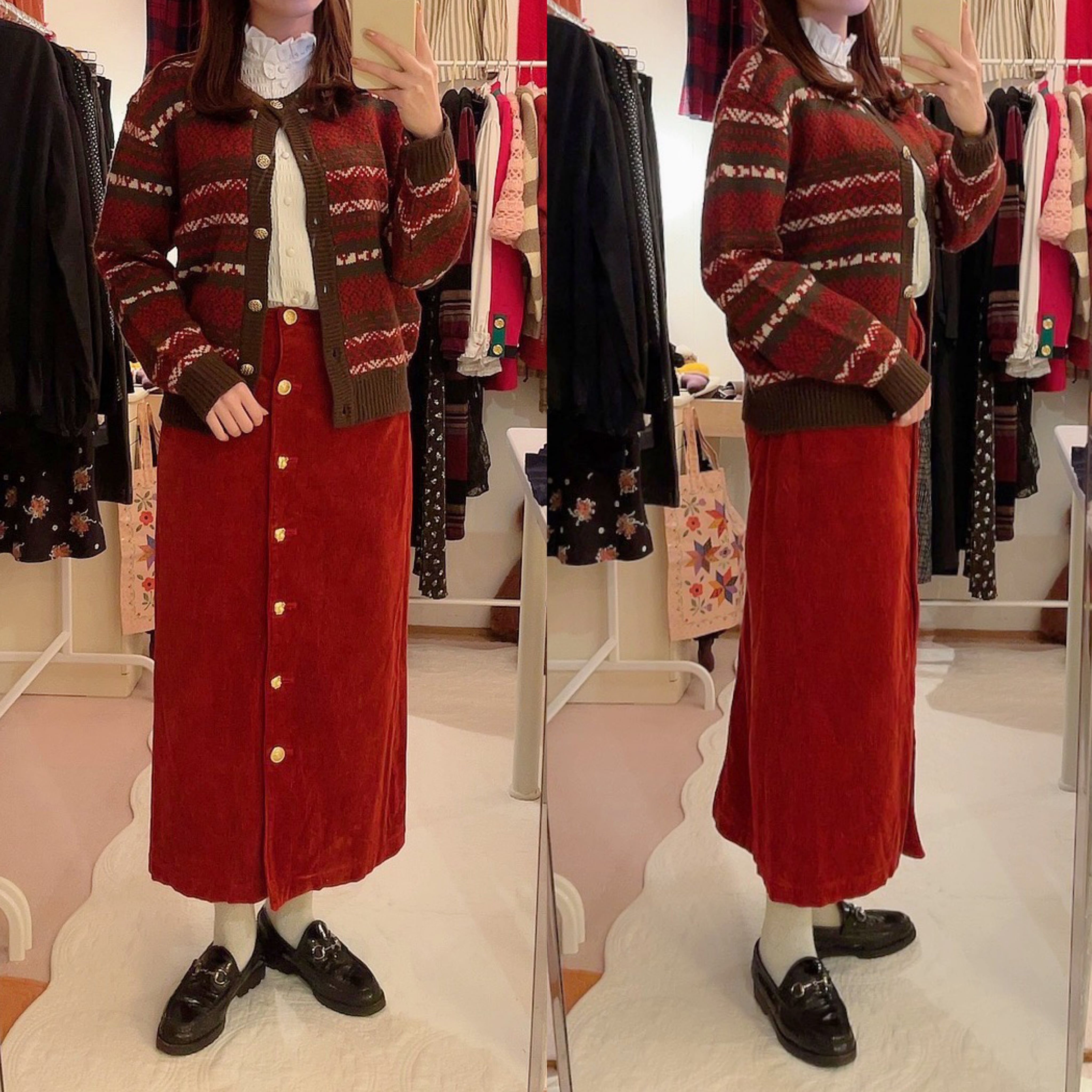 ATSUKI ONISHI / gold bear button red long skirt