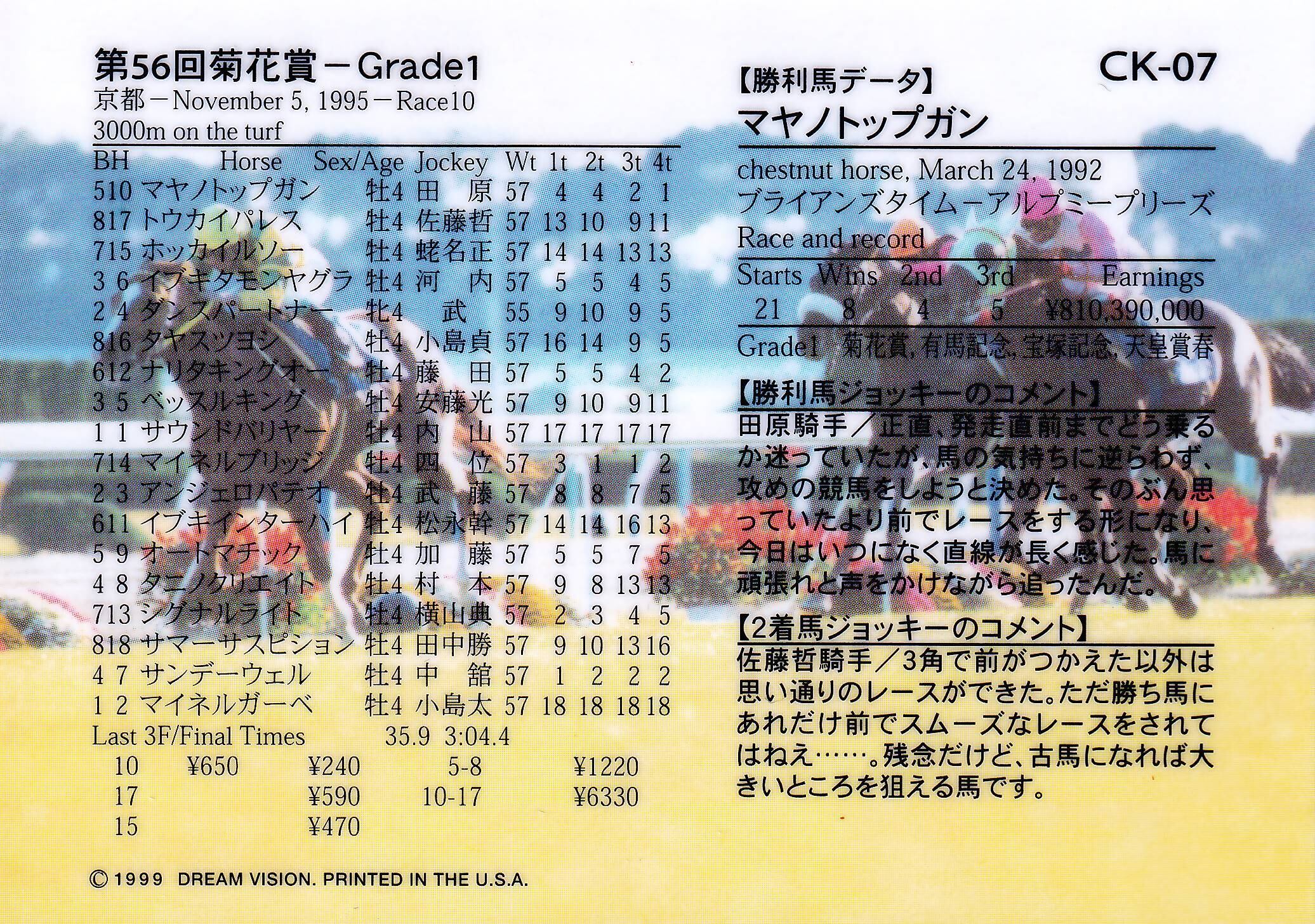第56回 菊花賞：マヤノトップガン(金文字ノーマル)「The Victory 1999