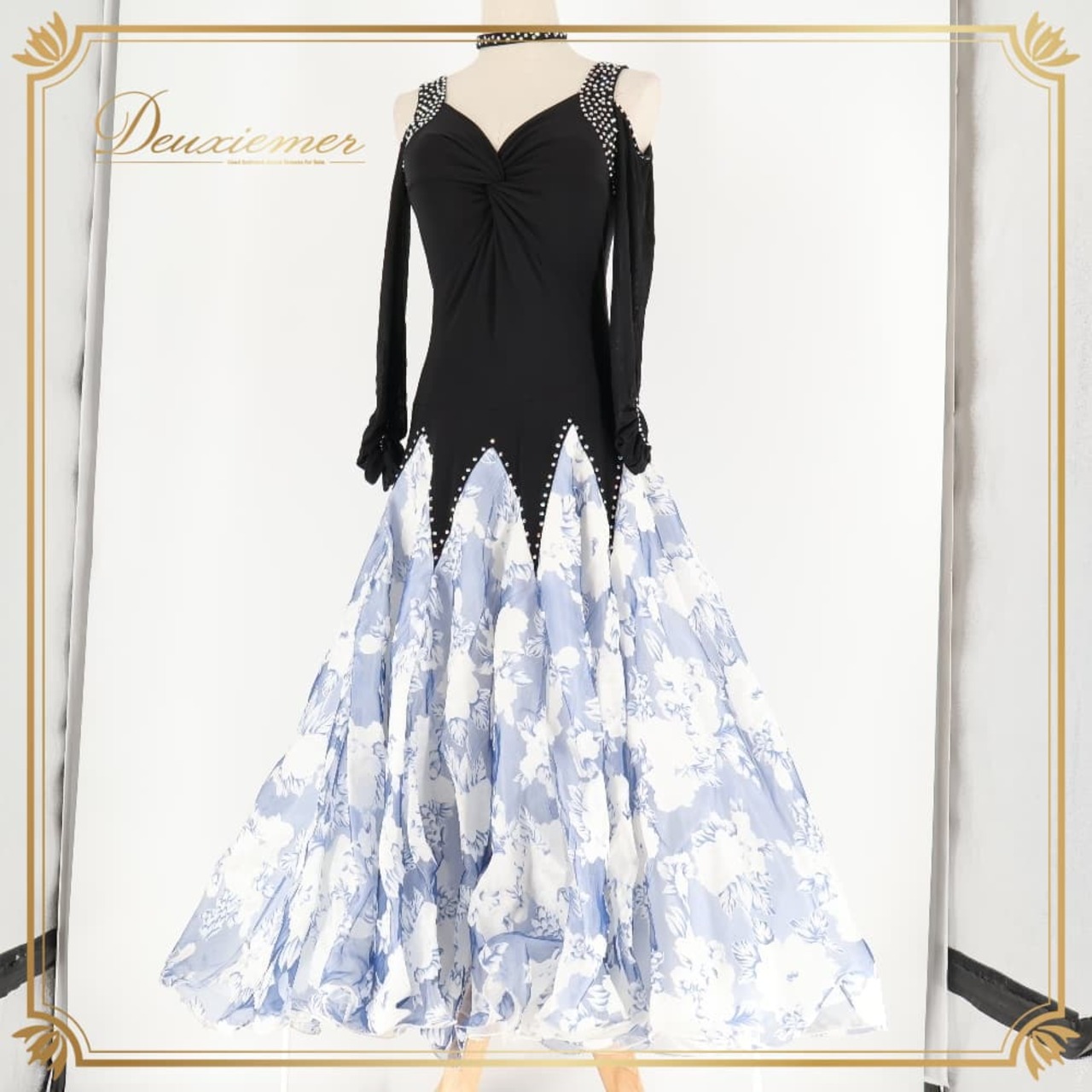 社交ダンス 衣装 スタンダードドレス ワンピース ドレス ブラック系 ホワイト系 ブルー系 青 白 水色 黒 レース 花柄 フリル ダンス パーティ 発表会 軽い レディース フレア フラワー 舞台衣装 発表会用 ダンスパーティー