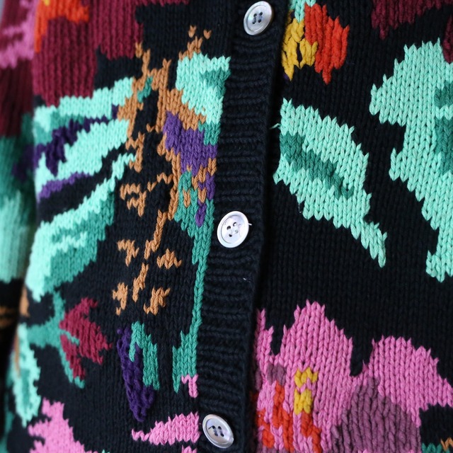 flower art full pattern over silhouette cotton knit jacket