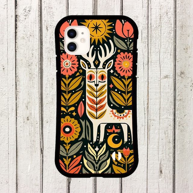 受注生産 iPhoneケース 白い鹿と花のナイト民芸柄｜鹿モチーフ PSYF042B