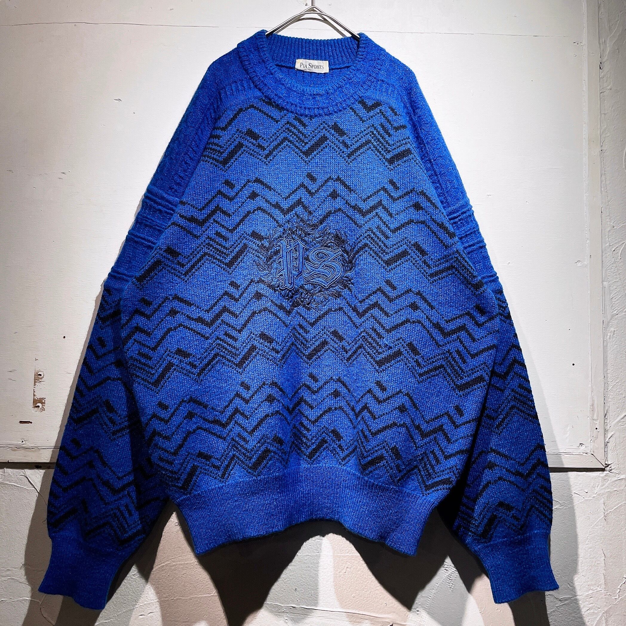 1990s Vivid Blue color zigzag pattern design loose silhouette vintage knit